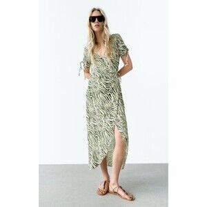 ZARA ANIMAL PRINT WRAP DRESS Sz S Zebra Camo‎ Deep V Front Slit Sexy Flirty